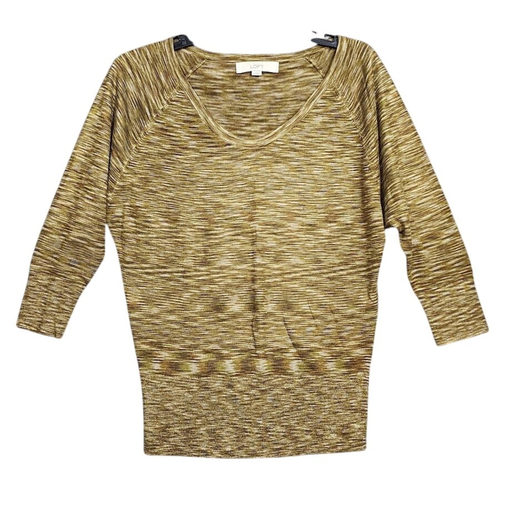 LOFT Sweater XS Knit Top 3/4 Sleeve Brown Green Yellow Neutral V Neck‎ Career